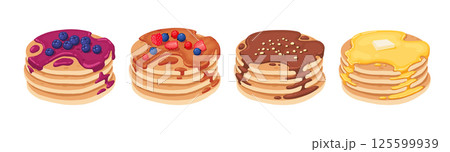 Cartoon pancakes. Stacks of tasty pancakes with maple syrup, butter, chocolate syrup, fruits and jam. Delicious breakfast food vector illustrations. American brunch with berries and nuts Cartoon pancakes. Stacks of tasty pancakes with maple syrup, butter, chocolate syrup, fruits and jam. Delicious breakfast food vector illustrations. American brunch with berries and nuts 125599939