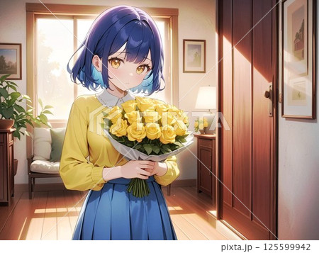 父の日に黄色いバラを贈る少女のワンシーン 125599942