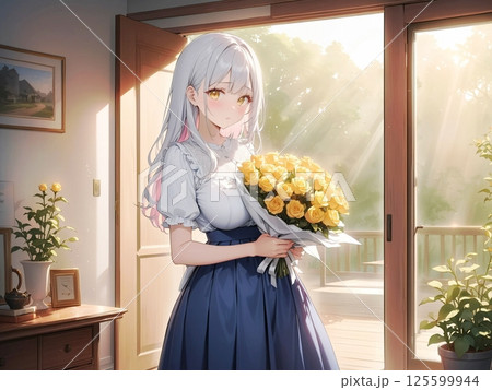 父の日に黄色いバラを贈る少女のワンシーン 125599944