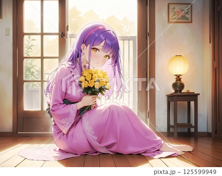 父の日に黄色いバラを贈る少女のワンシーン 125599949