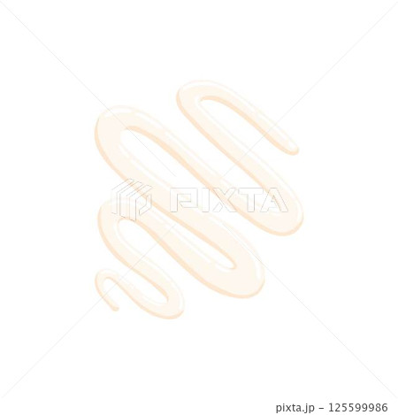 Pizza mayonnaise ingredient isolated on white. Vector cartoon illustration of dough base, tomato, pepper, mushroom pieces, slices of ham and salami, ketchup sauce, olive oil, rosemary, italian food 125599986