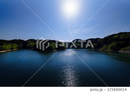 新緑の奈良布目ダム　日没にかけて曇っていく空と湖面の美しいリフレクション　静止画➃ 125600014