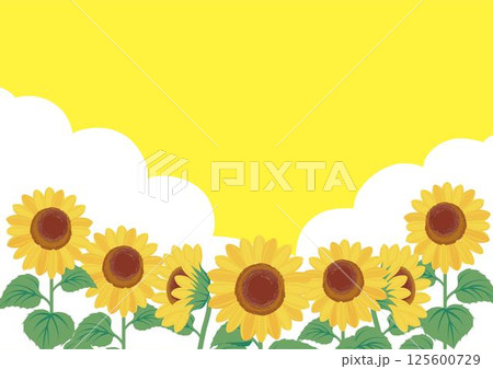 夏　ひまわり　空　風景　向日葵　ヒマワリ　フレーム　テンプレート　デザイン　背景　壁紙　イラスト素材 125600729