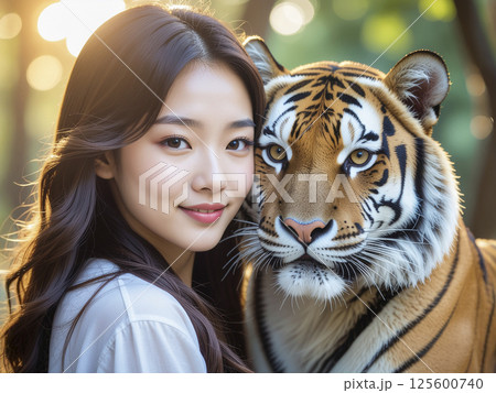 若い女性とトラ　AI生成画像    125600740