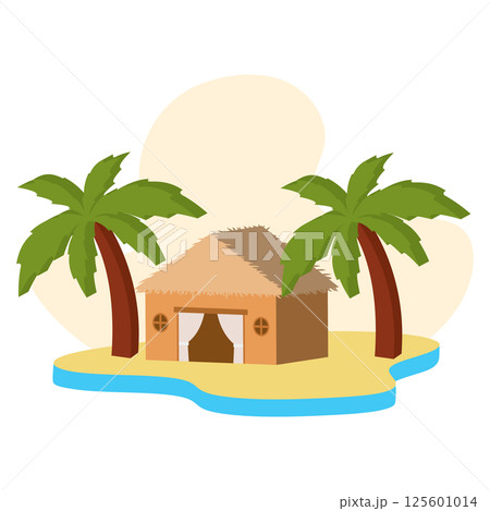 Cozy home with fence and tree. Vector 125601014