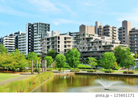 青空の街並み　マンションと公園の風景 125601171