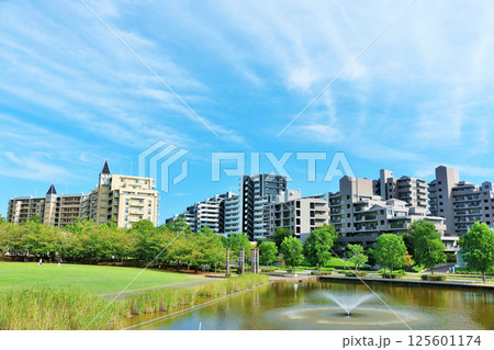 青空の街並み　マンションと公園の風景 125601174