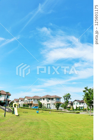 青空の街並み　新興住宅街と公園の風景 125601175