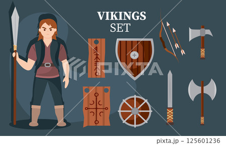 Viking weapon and shield icons. Vector Viking weapon and shield icons. Vector 125601236