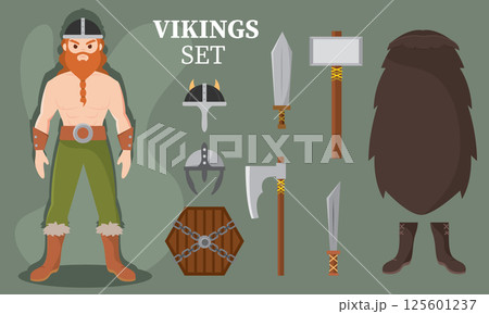 Male nordic warrior items set. Vector 125601237