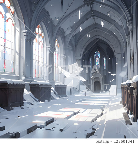 幻想的な白い世界に忘れ去られた教会の廃墟 125601341