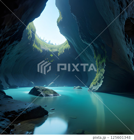 水面が空の色で青く光る洞窟の中 水面が空の色で青く光る洞窟の中 125601348