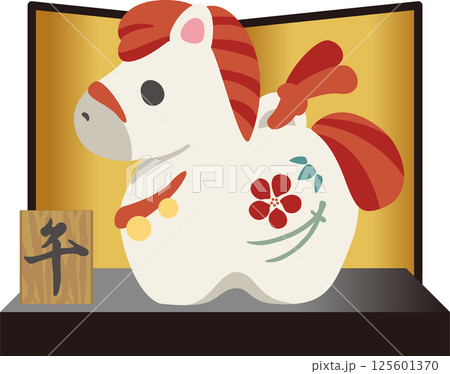 年賀　年賀状　2026　馬　午　土鈴　干支　金屏風　かわいい　和風　モダン　デザイン　イラスト素材 125601370