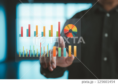 Interactive business graphs highlight yearly growth trends and performance metrics. 125601454