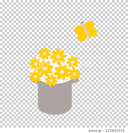 鉢に植えた黄色い花と蝶 125601555