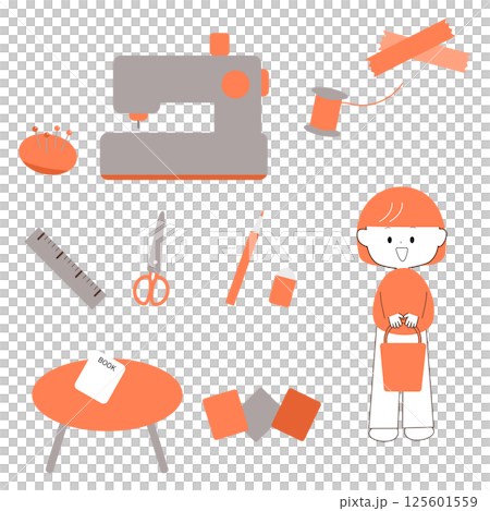 Illustration of a cute girl with a sewing machine and stationery 125601559