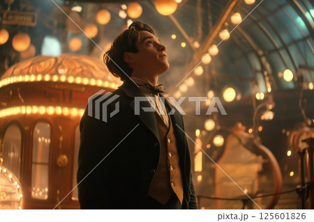 Young man in vintage attire gazes in wonder at illuminated surroundings in a whimsical indoor setting 125601826