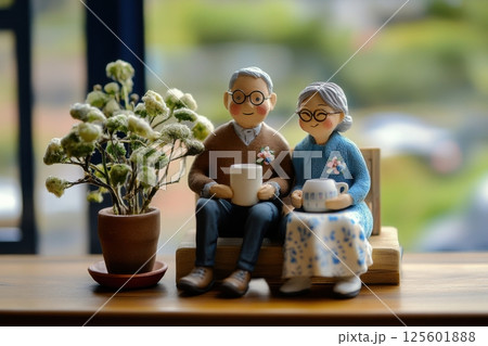 Elderly couple enjoying tea together in cozy indoor setting during daytime Elderly couple enjoying tea together in cozy indoor setting during daytime 125601888