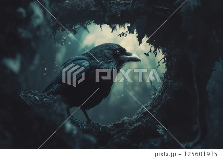 Dark forest with a crow perched quietly inside a natural frame at twilight depicting mystery and solitude 125601915