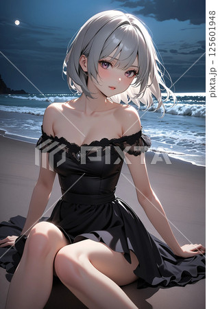 夕日の海にいる黒いドレスの少女 125601948