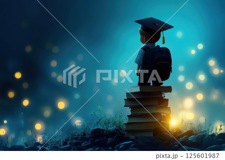 Child stands on books wearing graduation cap at dusk, symbolizing achievement and dreams for the future 125601987