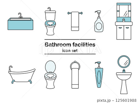 シンプルなバスルーム設備アイコンセット｜バスタブ・トイレ・洗面台・タオル掛け・シャンプーボトル 125601988