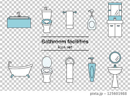 シンプルなバスルーム設備アイコンセット｜バスタブ・トイレ・洗面台・タオル掛け・シャンプーボトル 125601988