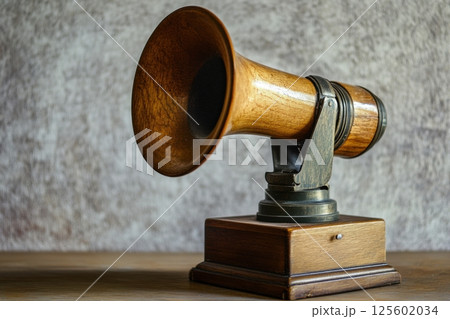 Vintage gramophone displayed on a wooden surface in a softly lit room showcasing early 20th-century design Vintage gramophone displayed on a wooden surface in a softly lit room showcasing early 20th-century design 125602034