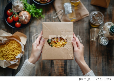 Hands holding a food takeout box with noodles and fresh ingredients on a rustic wooden table 125602265