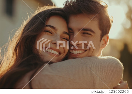 Happy couple sharing a warm embrace in golden light during a sunny afternoon outdoors 125602266
