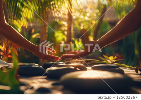 Serenity in a tropical setting with hands reaching for harmony at a spa 125602267