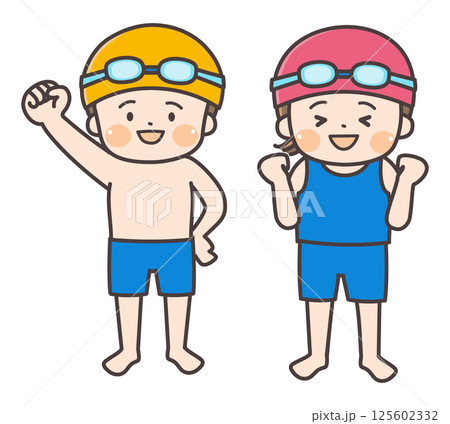 水着姿でガッツポーズをする子供たちのイラスト 水着姿でガッツポーズをする子供たちのイラスト 125602332