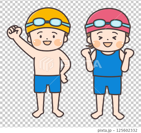 水着姿でガッツポーズをする子供たちのイラスト 水着姿でガッツポーズをする子供たちのイラスト 125602332