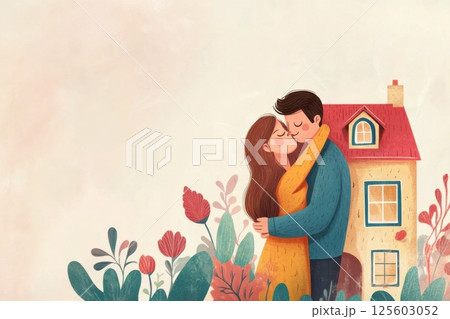 Couple embracing in front of a cozy house surrounded by colorful flowers on a sunny day 125603052