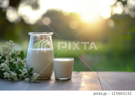 Refreshing glass and pitcher of milk on a wooden table at sunset in a serene outdoor setting 125603132