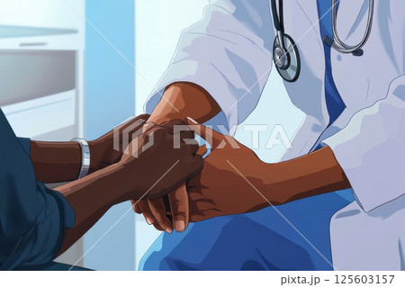 Healthcare professional provides comfort to patient during consultation in a modern medical office Healthcare professional provides comfort to patient during consultation in a modern medical office 125603157