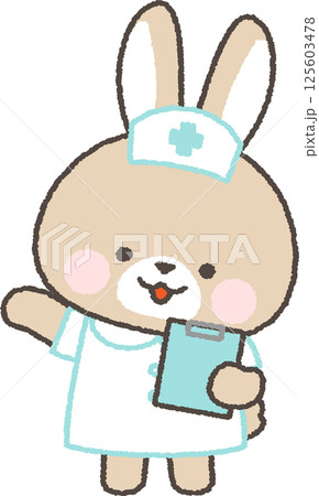 クリップボードを持って案内する茶色うさぎの看護師 クリップボードを持って案内する茶色うさぎの看護師 125603478