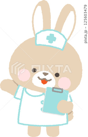 クリップボードを持って案内する茶色うさぎの看護師 125603479