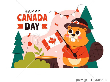 Happy Canada Day Vector Illustration Celebrating July 1st Featuring a Waving Canadian Flag and Ribbon in a National Holiday Flat Cartoon Background 125603520