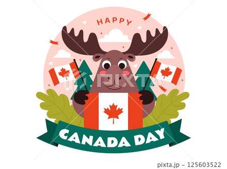 Happy Canada Day Vector Illustration Celebrating July 1st Featuring a Waving Canadian Flag and Ribbon in a National Holiday Flat Cartoon Background 125603522