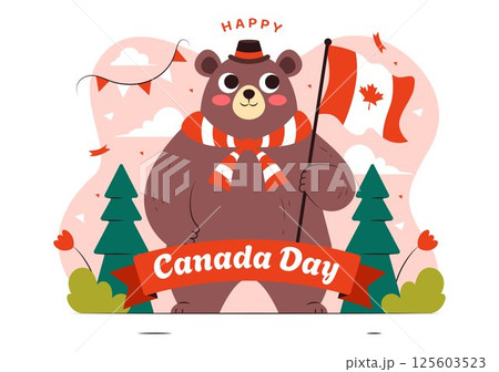 Happy Canada Day Vector Illustration Celebrating July 1st Featuring a Waving Canadian Flag and Ribbon in a National Holiday Flat Cartoon Background 125603523