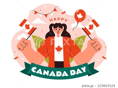 Happy Canada Day Vector Illustration Celebrating July 1st Featuring a Waving Canadian Flag and Ribbon in a National Holiday Flat Cartoon Background 125603524