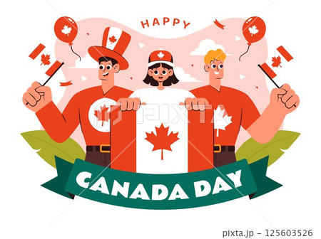 Happy Canada Day Vector Illustration Celebrating July 1st Featuring a Waving Canadian Flag and Ribbon in a National Holiday Flat Cartoon Background 125603526