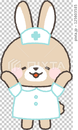 A brown rabbit nurse happily raising both hands 125603585