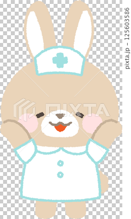 A brown rabbit nurse happily raising both hands 125603586
