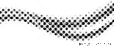 Black halftone dot wave pattern. Abstract grain fluid texture. Dotted curve wallpaper. Grit undulate swoosh overlay for poster, booklet, banner, brochure, flyer, leaflet. Vector rasterized background 125603973