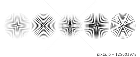 Black linear concentric circle set. Dotted and dashed round sound wave collection. Epicenter, target, radar, sonar icon concept. Vector halftone radial radio signal or vibration element pack. Black linear concentric circle set. Dotted and dashed round sound wave collection. Epicenter, target, radar, sonar icon concept. Vector halftone radial radio signal or vibration element pack. 125603978