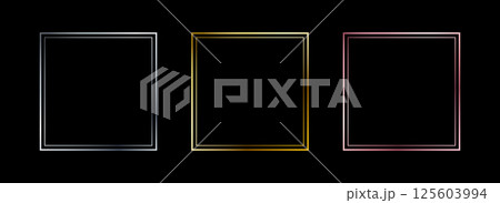 Thin metallic square frame set. Shiny gold and silver foil border collection. Golden glowing geometric boarder bundle in art deco style. Rectangular element pack for photo, cadre, card, emblem. Vector 125603994