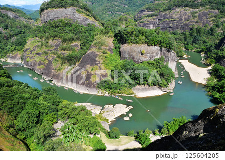 bamboo rafts drifting in rivers in Wuyi Mountain, Fujian Province, China 125604205