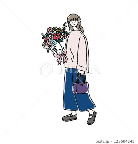 花束を持ったカジュアルファッションの女性 125604249